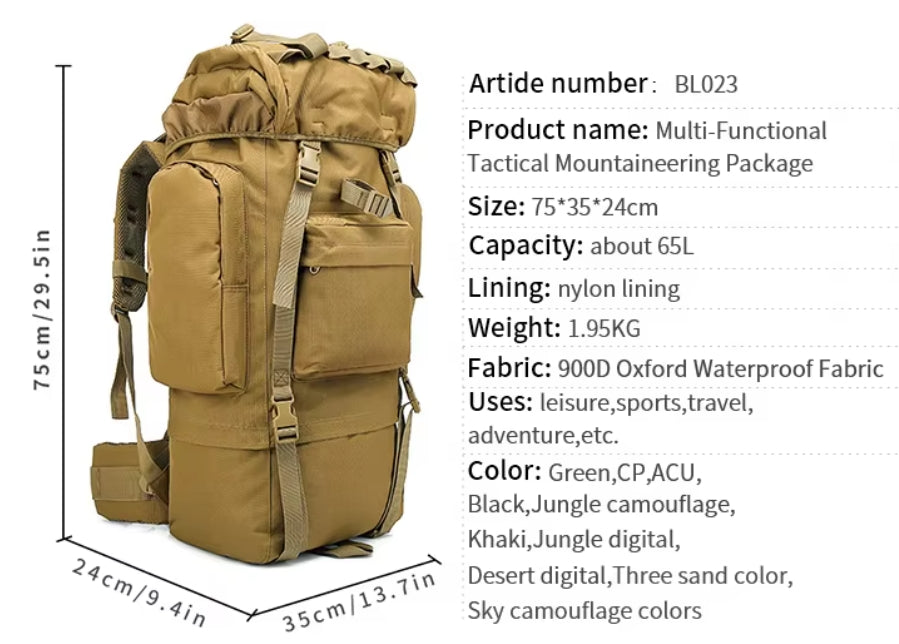 65L Compression-Relief Tactical Camouflage Backpack – Men's Large-Capacity Outdoor Hiking Climbing Pack BL023